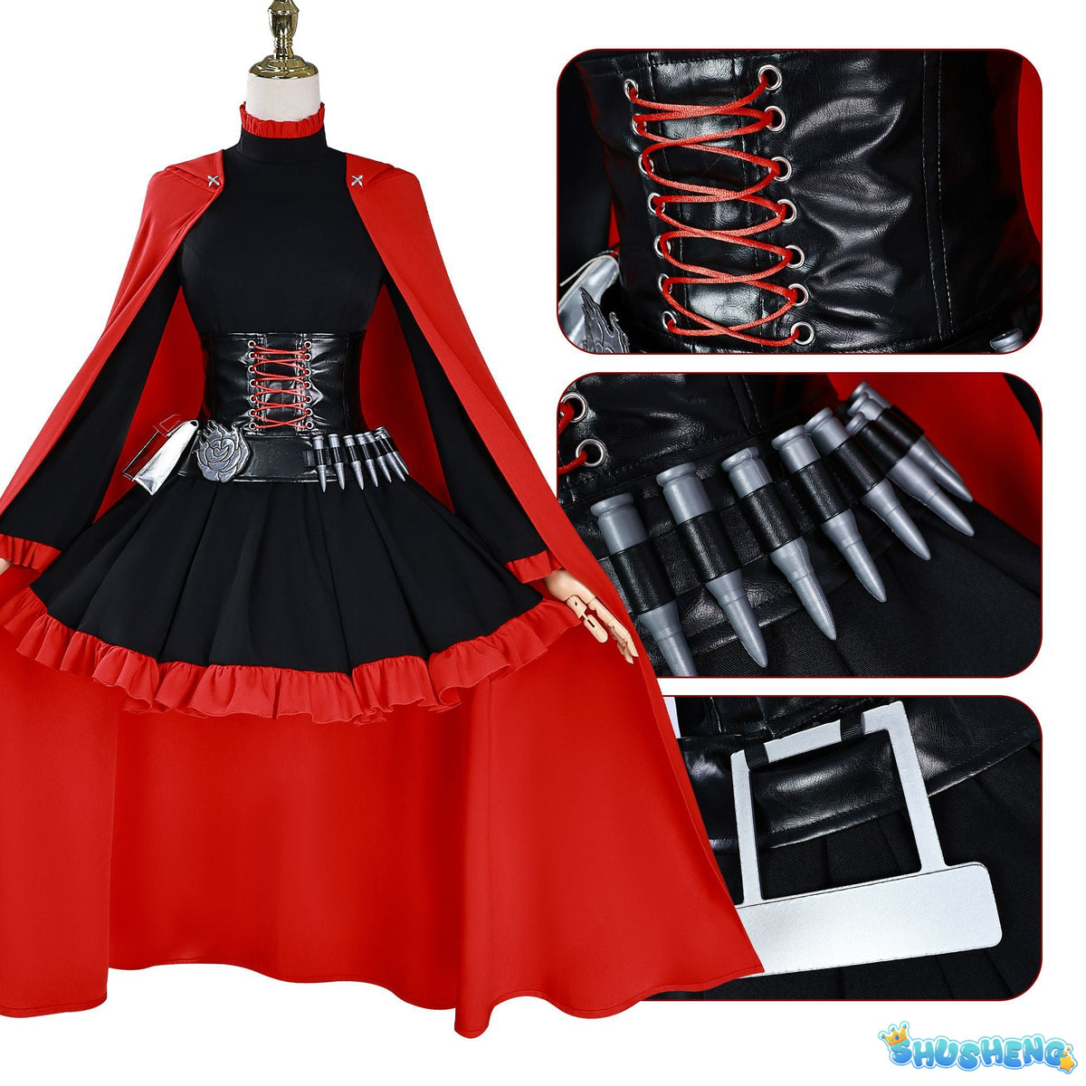 Anime RWBY Cosplay Ruby Rose Red Cape Battle Dress Rose Punk Belt Goth Black Red Lolita Y2K Uniform Halloween Party Customized