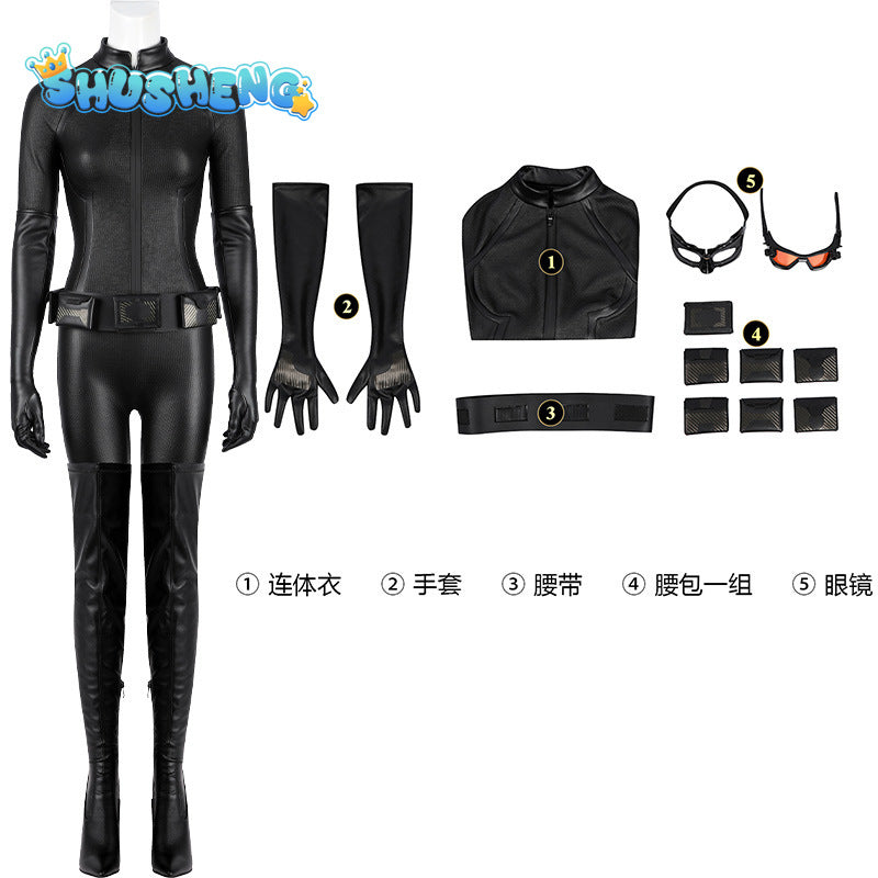 Catwoman Selina Kyle Cosplay Costume Black PU Leather Jumpsuit Eyemask Women Dark Knight Rises Outfits Suit for Halloween Party