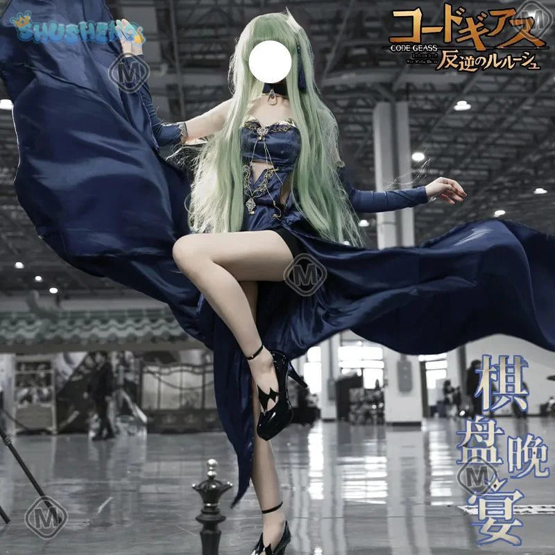 C.C. CODE GEASS Lelouch of the Rebellion Cosplay Chessboard Banquet costume Women's Halloween sexy long dress prop necklace set