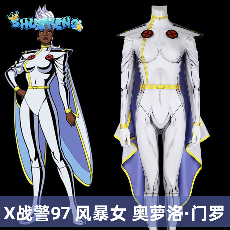 X Men 97 Storm Ororo Munroe Cosplay Costume Halloween Woman Bodysuit Zentai Jumpsuit with Cloak Party