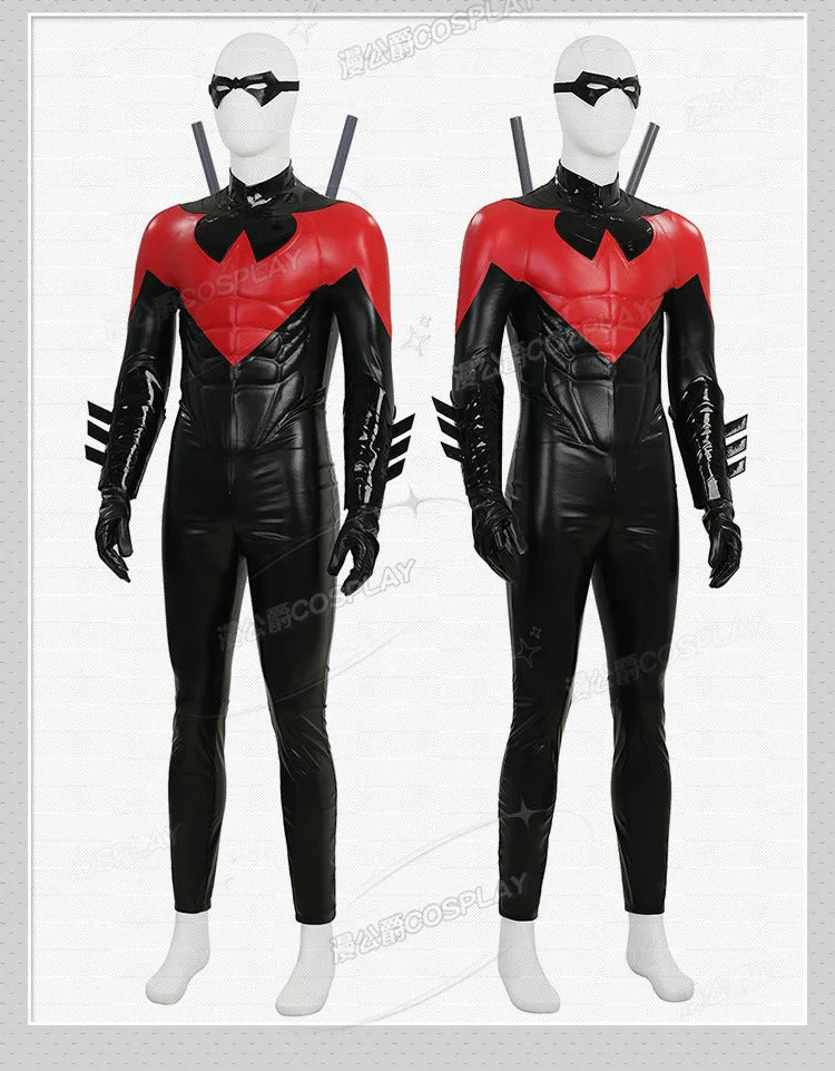 Shusheng-R Nightwing Dick Grayson Cosplay Costume Red Jumpsuit Full Set Uniform Role Play Halloween Carnival Party Outfit Shoes