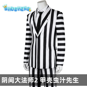 Beetlejuice Adam Cosplay Costume Men Black and White Striped Suit Jacket Shirt Pants Outfits Halloween Carnival