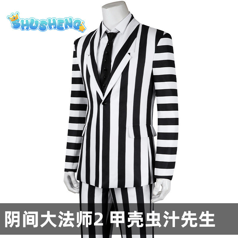 Beetlejuice Adam Cosplay Costume Men Black and White Striped Suit Jacket Shirt Pants Outfits Halloween Carnival