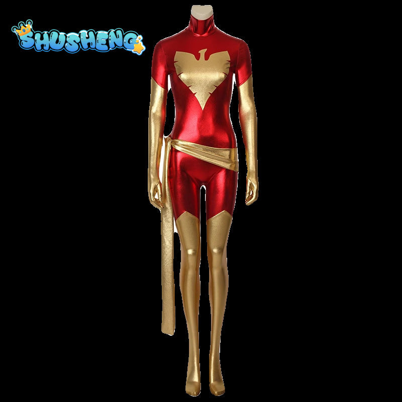 New X-men red dark Phoenix Costume Shiny metallic full body Superhero Jean Grey Costume halloween Cosplay Costume free shipping