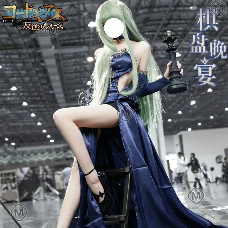 C.C. CODE GEASS Lelouch of the Rebellion Cosplay Chessboard Banquet costume Women's Halloween sexy long dress prop necklace set