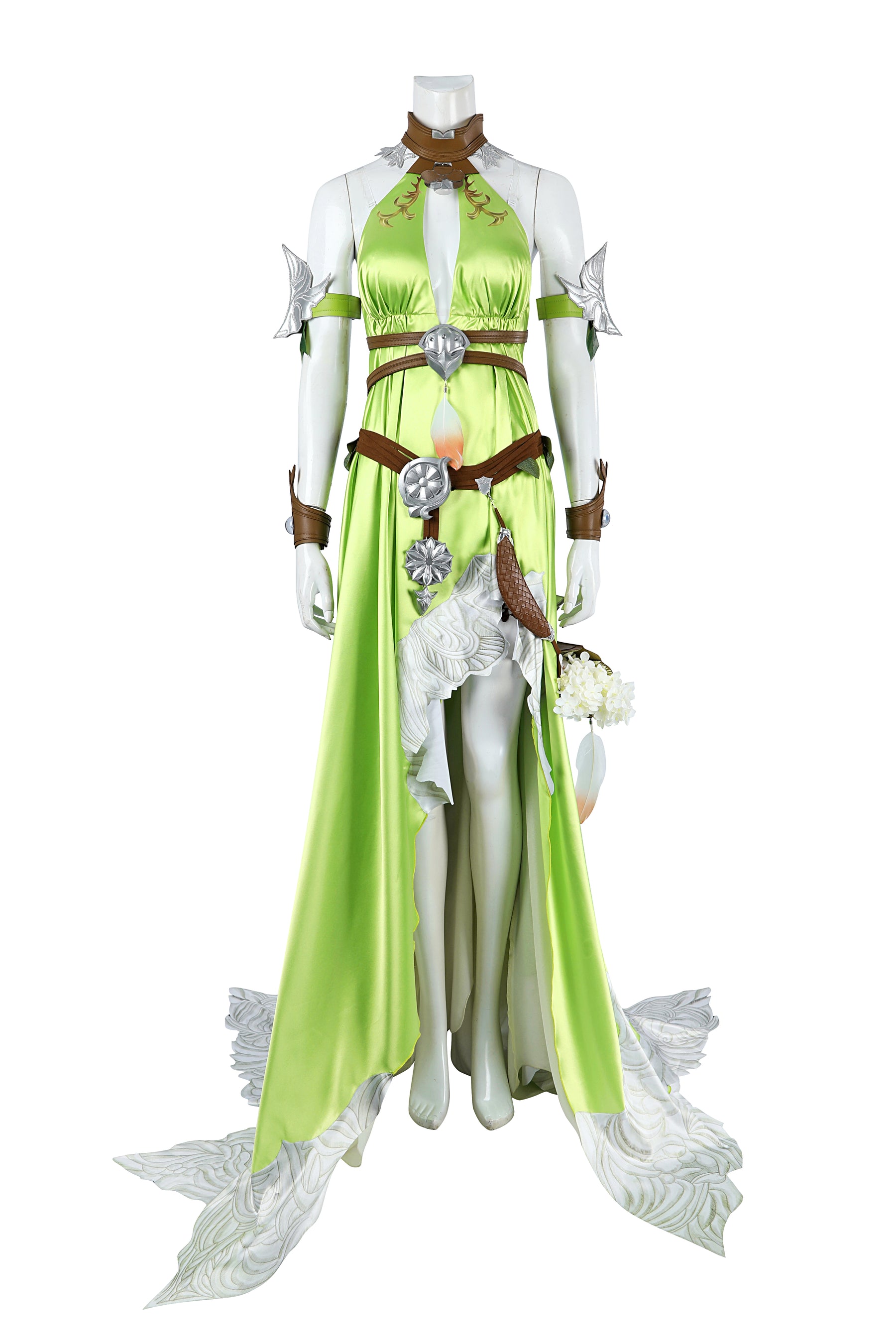 Nophica Cosplay Costume Fantasy XIV:A Realm Reborn Nophica Roleplay Outfit Green Silk Dress Accessories for Halloween Ball Party