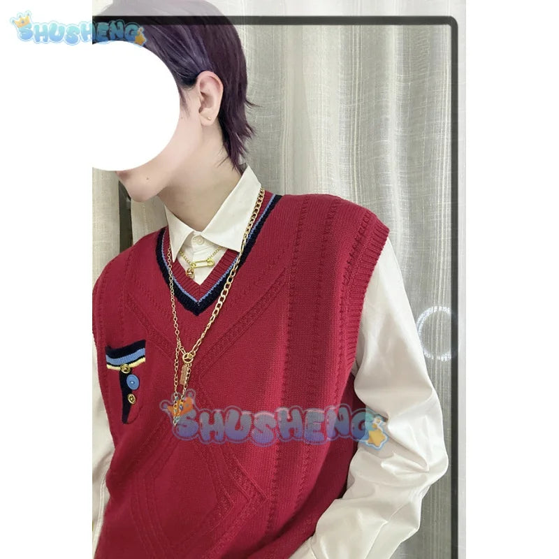 Love and Deepspace Rafayel Cosplay Qiyu Vest Without Shirt Sweater Red Sweater School Uniform Men