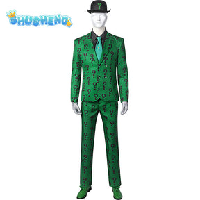 Men Riddler Cosplay Fantasy Movie Super Villain Costume Disguise Adult Boys Roleplay Fantasia Outfits Halloween Male Suits