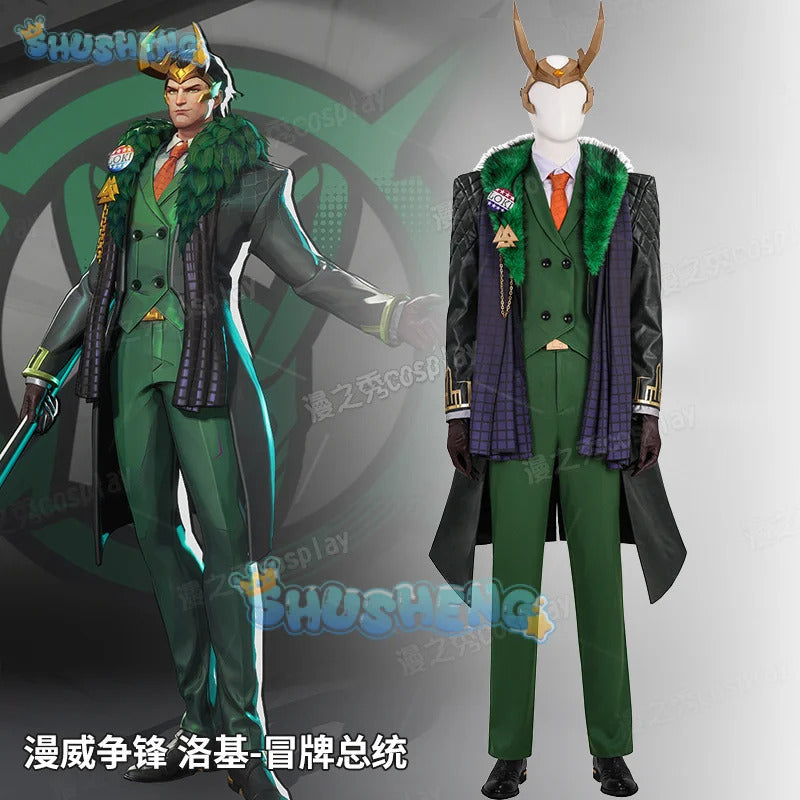 Game Rivals Loki Cosplay Fantasy Battle Suit President Costume Adult Men Roleplay Fantasia Outfits for Halloween