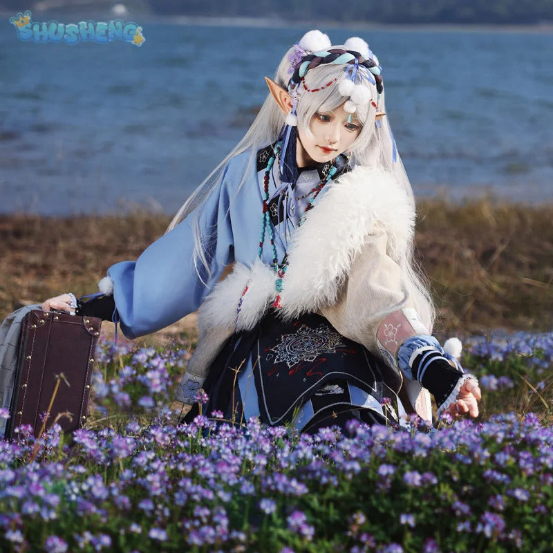 Frieren: Beyond Journey's End Frieren Cosplay Tianshan Snow Costume Halloween Party Sweet Chinese Uniform Dress Prop Wig Set