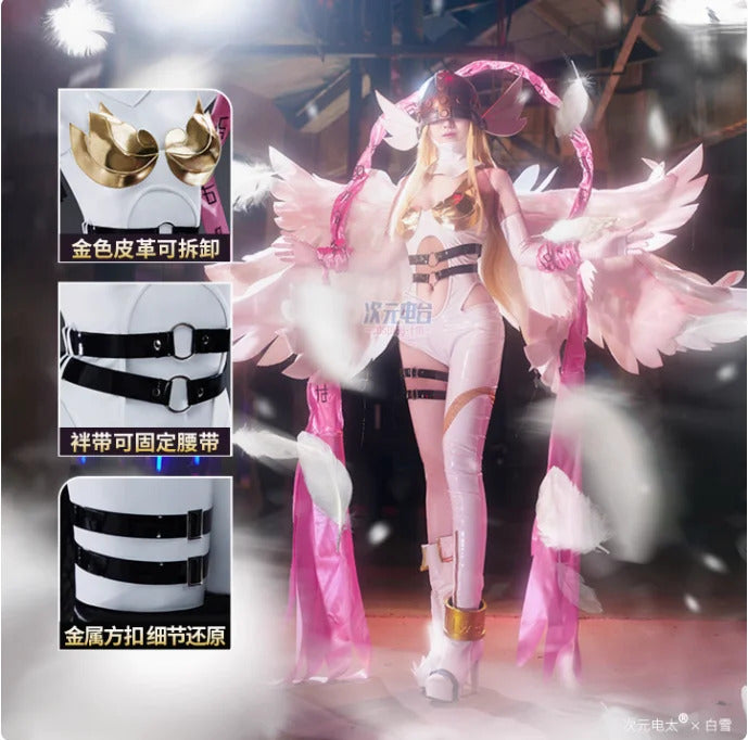 Digimon Adventure New World Cosplay Angewomon Costume Halloween party sexy leather jumpsuit wing prop hat set Woman uniform