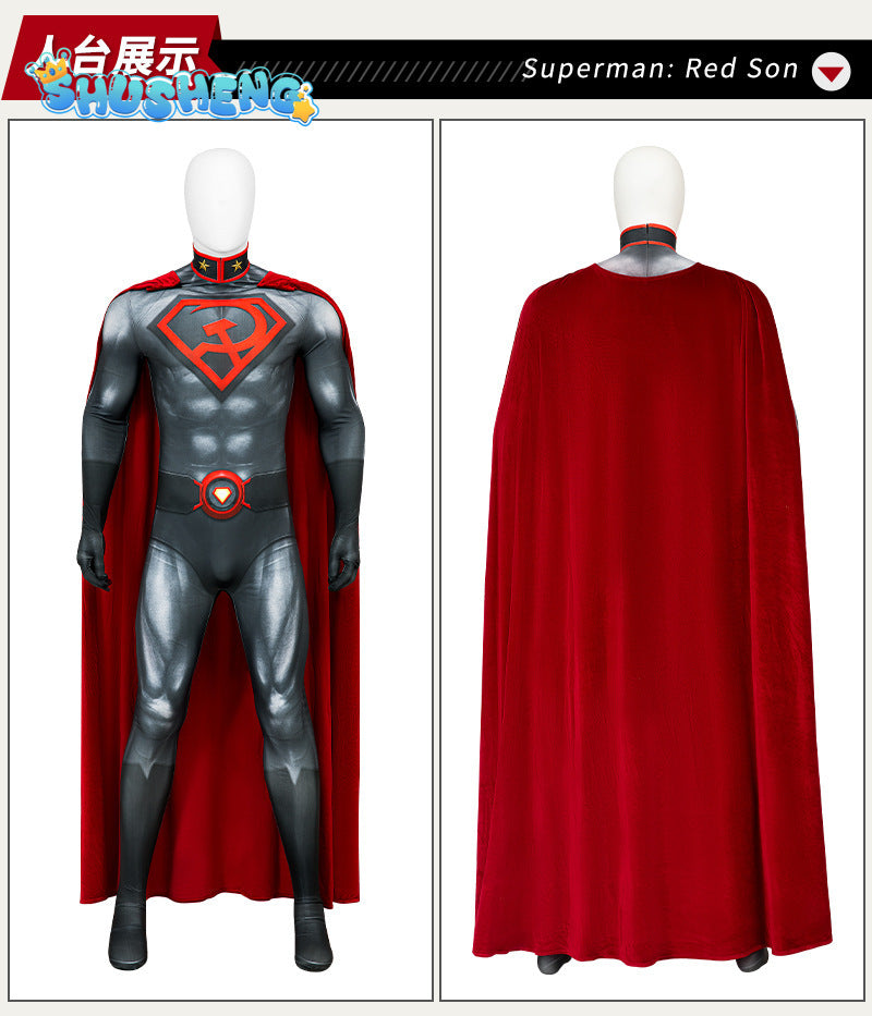 Adult Superhero Steel Man Cosplay Bodysuit Cape Set Clark Kent Printing Jumpsuit Halloween Hero Costume Red Velvet Cloak