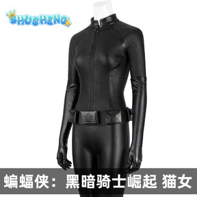 Catwoman Selina Kyle Cosplay Costume Black PU Leather Jumpsuit Eyemask Women Dark Knight Rises Outfits Suit for Halloween Party