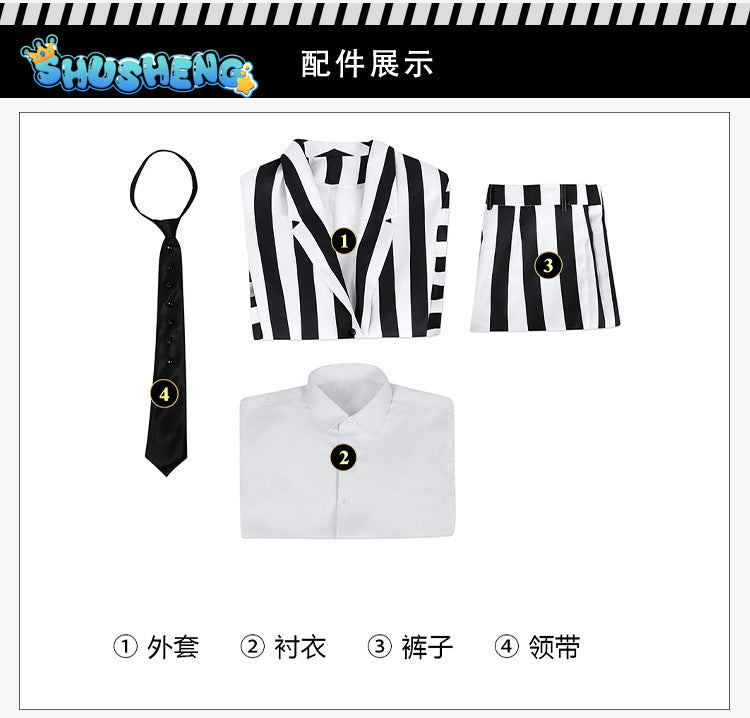 Beetlejuice Adam Cosplay Costume Men Black and White Striped Suit Jacket Shirt Pants Outfits Halloween Carnival