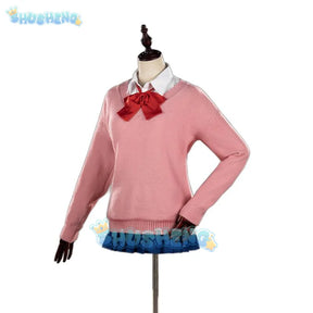 Momo Ayase cosplay costume anime dandadan pink top blue skirt school uniform earrings props Halloween party for women Shusheng