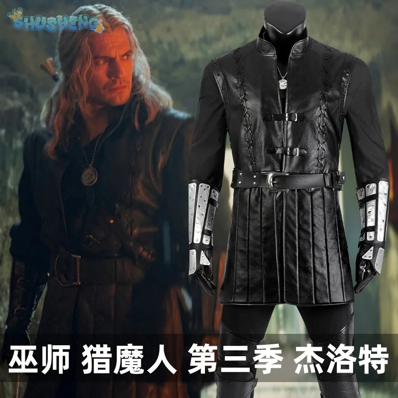 Geralt Witcher 3 Wild Hunt Cosplay Geralt Costume Men Handsome Black Leather Coat Belt Gloves Party Halloween Uniform Full Set