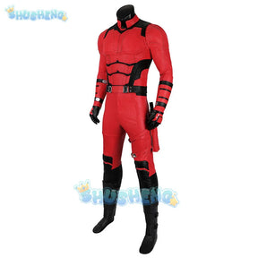 Daredevil Cosplay Costume Matt Murdock Red Leather Battle Suit Jumpsuit Belt Gloves Fullset Outfit Halloween Carnival Party Suit
