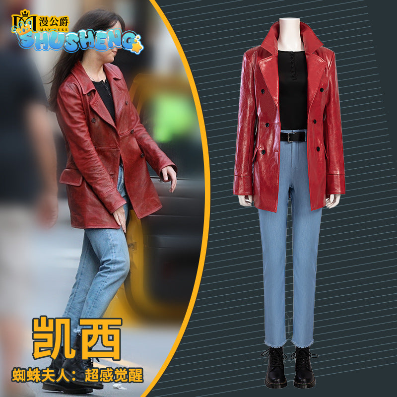 Cosplay Costume Movie Madame Web The Heroine Cathy's Red Leather Jacket Blue Jeans BlackT-shirt Belt Women's Suit