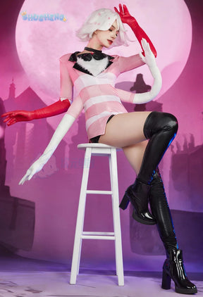 Angel Dust Cosplay Fantasy Wigs Cartoon Hell Inn Disguise Costume Gloves Bow Tie Pink Outfit Women Halloween Roleplay