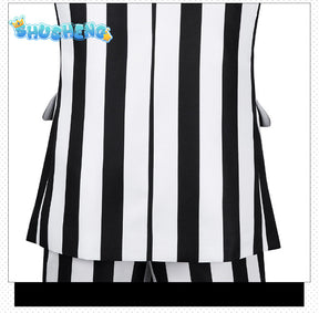 Beetlejuice Adam Cosplay Costume Men Black and White Striped Suit Jacket Shirt Pants Outfits Halloween Carnival