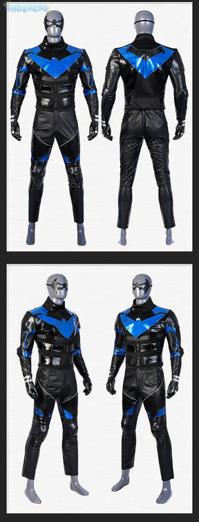 Gotham Knights Nightwing Robin Cosplay Costume Halloween Superhero combats Jumpsuit Faux Leather Black Armour Men Outfit Set