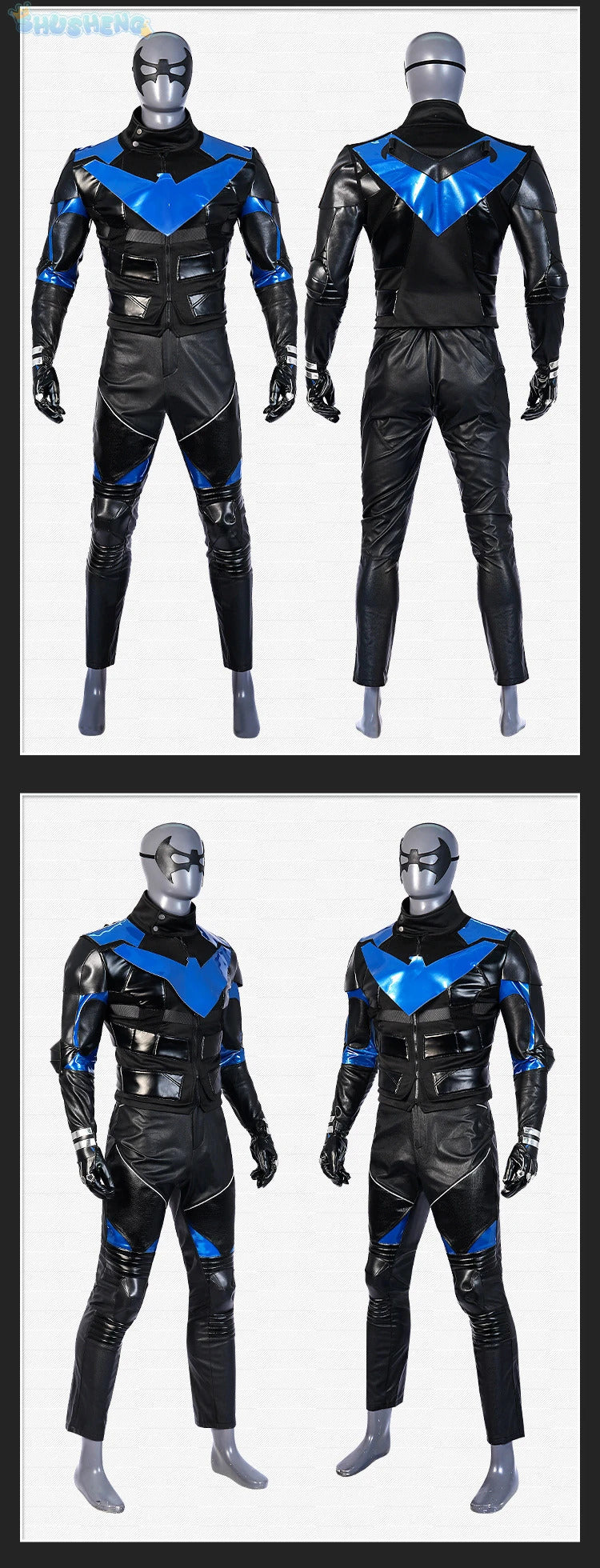 Gotham Knights Nightwing Robin Cosplay Costume Halloween Superhero combats Jumpsuit Faux Leather Black Armour Men Outfit Set