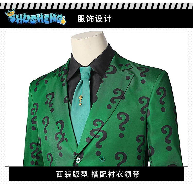 Men Riddler Cosplay Fantasy Movie Super Villain Costume Disguise Adult Boys Roleplay Fantasia Outfits Halloween Male Suits