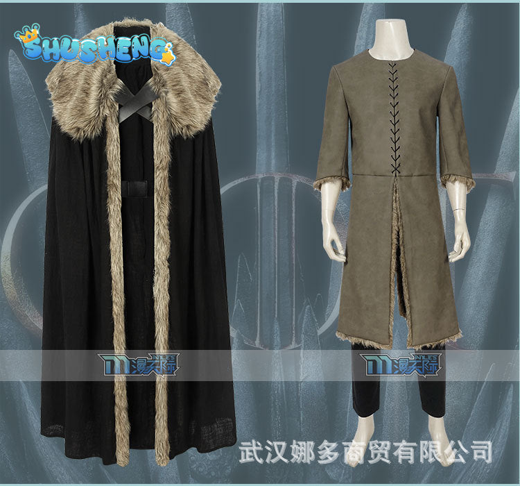 Thrones Cosplay Jon Snow Cosplay Costume Halloween Outfit Leather Long Coat Faux Fur Cloak Men Cape Custom size