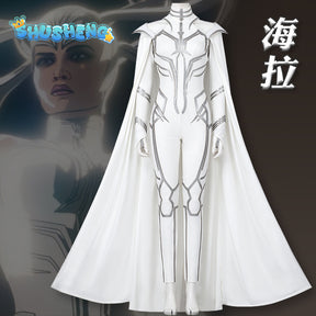 Cosplay Hela White Outfit Halloween Cosplay Costume Set Bodysuit White Jumpsuit Superheroine Costume With Cape Suit