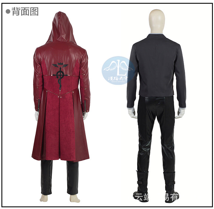 Anime Edward Elric Fullmetal Alchemist Cosplay Costume Wig Red PU Hooded Windbreaker Coat Combats Man Carnival Party Suit