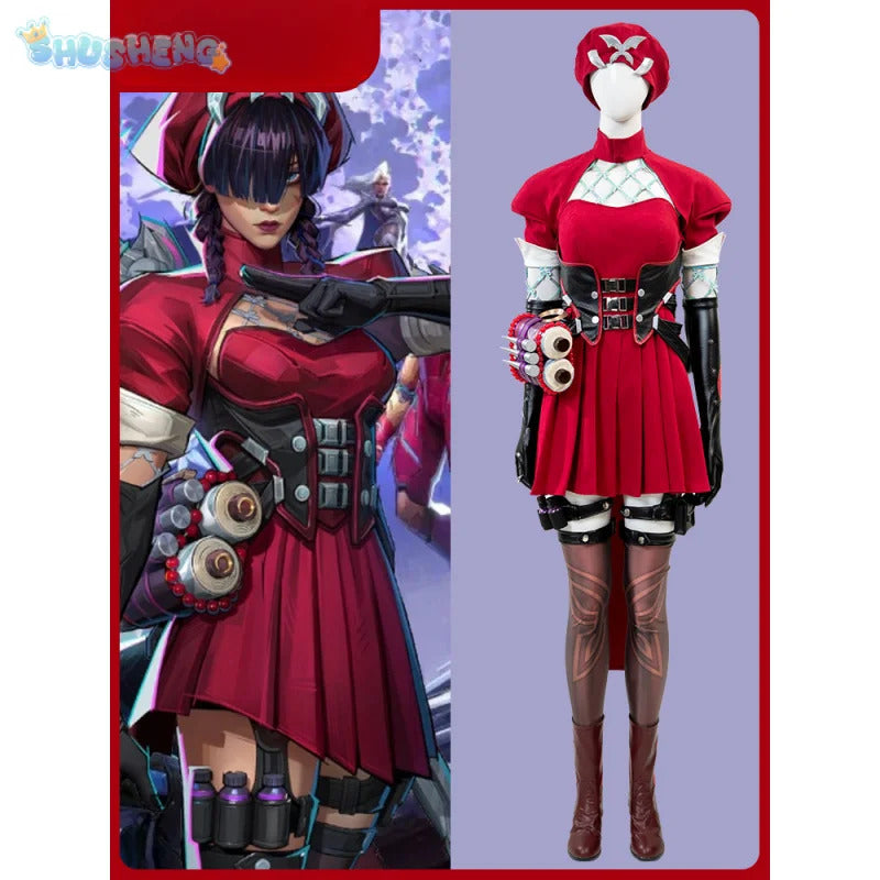 Psylocke Cosplay Rivals Red Ghost Hunter Costume Hat shoes suspender dress gloves socks prop set Halloween women fantasy uniform
