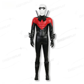 Shusheng-R Nightwing Dick Grayson Cosplay Costume Red Jumpsuit Full Set Uniform Role Play Halloween Carnival Party Outfit Shoes