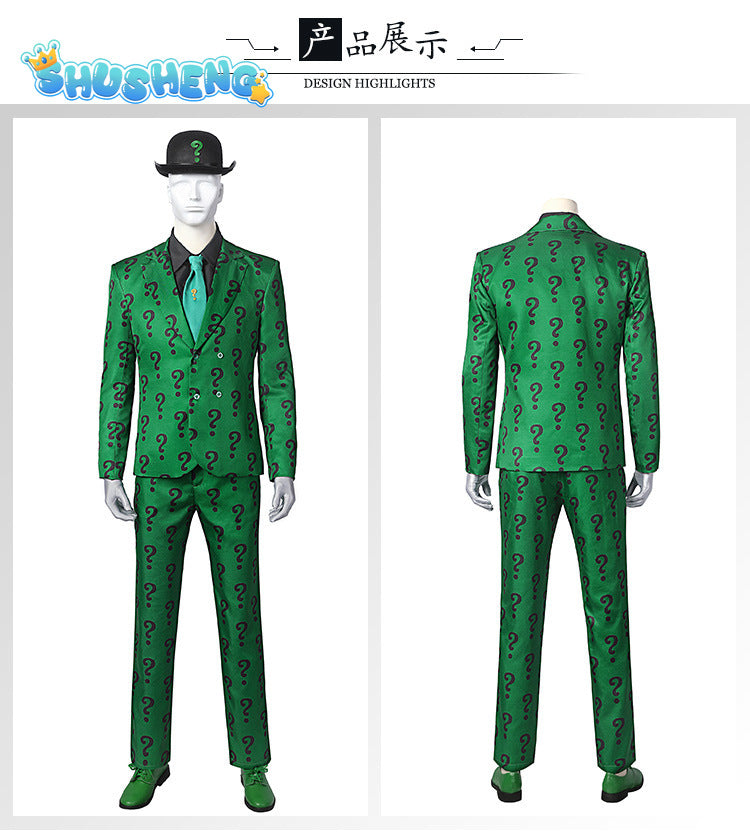 Men Riddler Cosplay Fantasy Movie Super Villain Costume Disguise Adult Boys Roleplay Fantasia Outfits Halloween Male Suits