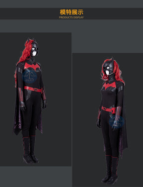 Female Bat Cosplay Costumes Kate Kane Roleplay Jumpsuit Superhero Black Leather Bodysuit Cloak Halloween Outfits