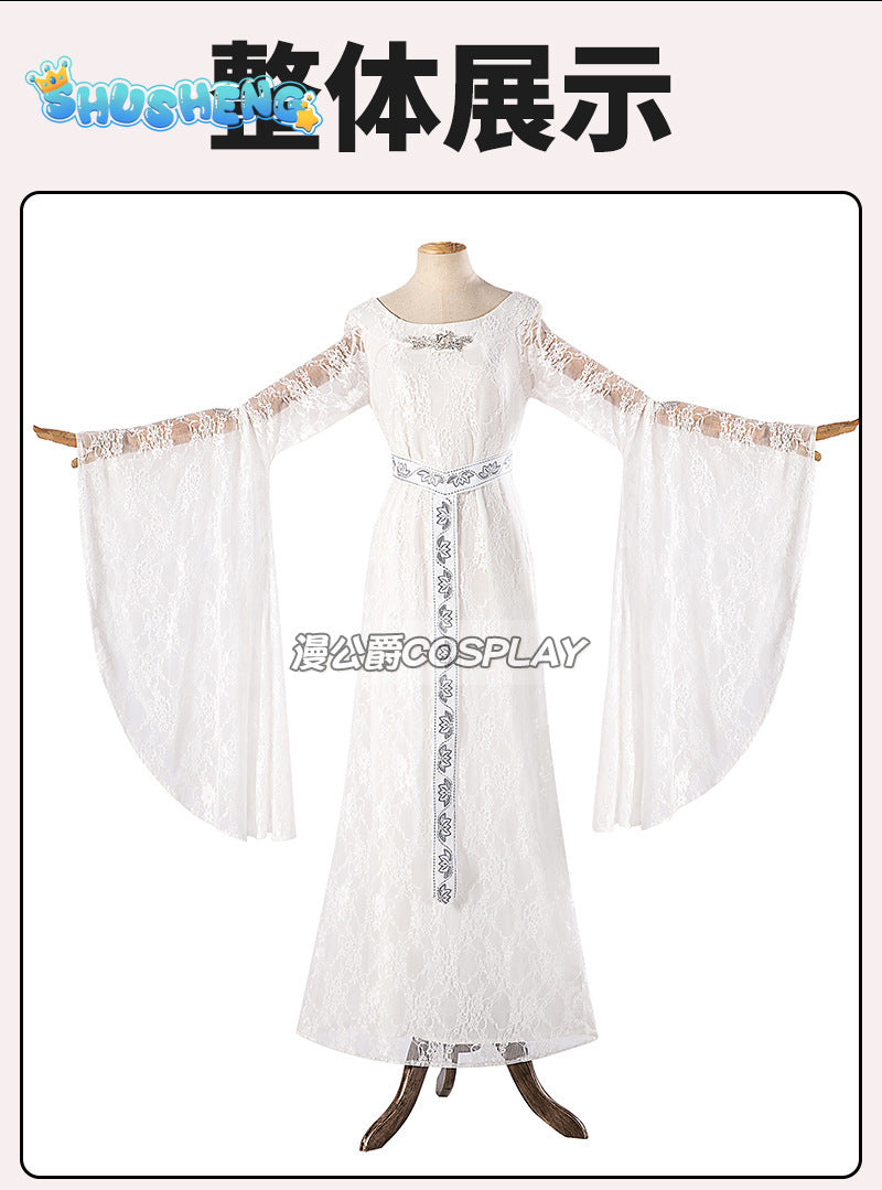 Movie Galadriel Cosplay Costume Women's White Dress Halloween Elf Cosplay Queen Outfit