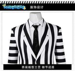 Beetlejuice Adam Cosplay Costume Men Black and White Striped Suit Jacket Shirt Pants Outfits Halloween Carnival