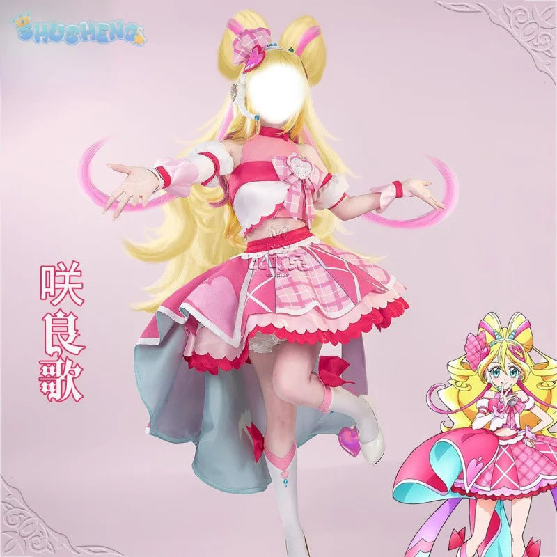 You and Idol Precure♪ Sakura Uta Cosplay Costume Halloween Carnival Women Sweet Pink Lolita Dress Accessories Props Wig Uniform
