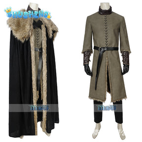 Thrones Cosplay Jon Snow Cosplay Costume Halloween Outfit Leather Long Coat Faux Fur Cloak Men Cape Custom size