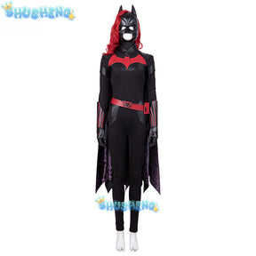 Female Bat Cosplay Costumes Kate Kane Roleplay Jumpsuit Superhero Black Leather Bodysuit Cloak Halloween Outfits