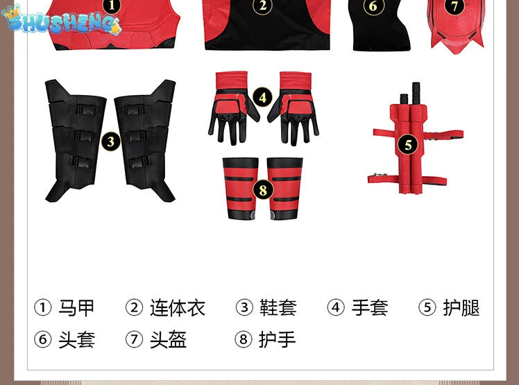 Daredevil Cosplay Costume Matt Murdock Red Leather Battle Suit Jumpsuit Belt Gloves Fullset Outfit Halloween Carnival Party Suit