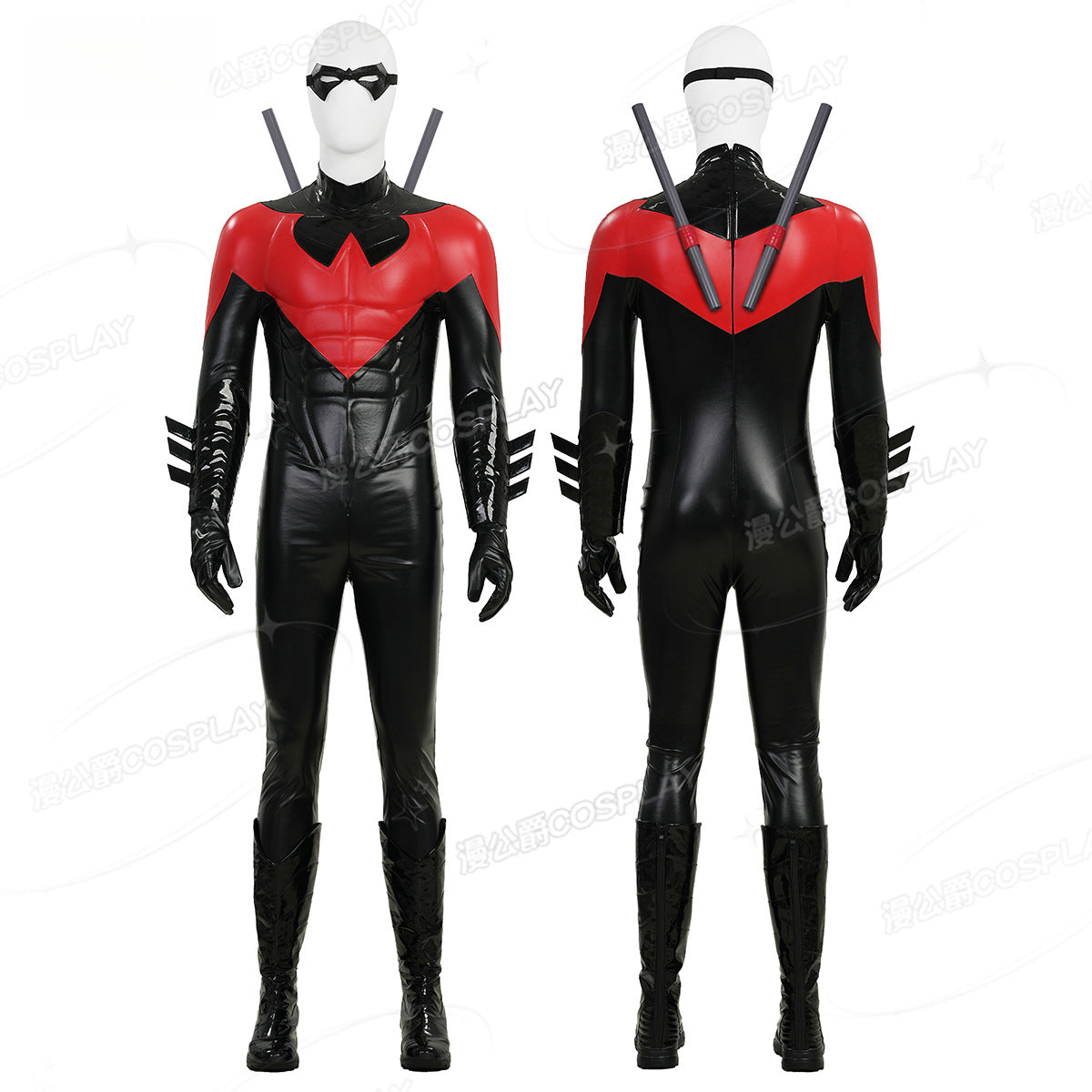 Shusheng-R Nightwing Dick Grayson Cosplay Costume Red Jumpsuit Full Set Uniform Role Play Halloween Carnival Party Outfit Shoes