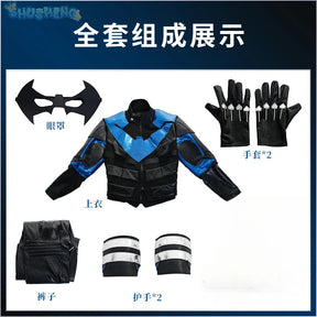 Gotham Knights Nightwing Robin Cosplay Costume Halloween Superhero combats Jumpsuit Faux Leather Black Armour Men Outfit Set