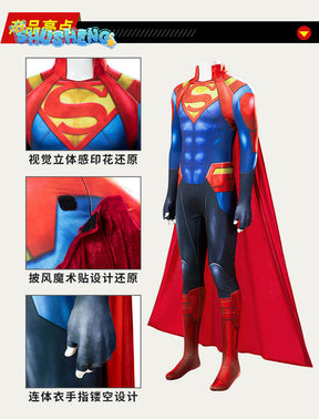 Super Boy Conner Cosplay Kent Costume Jumpsuit Cape Set Superhero Adult Men's Halloween Party Suit Comics Character Costume