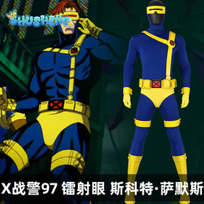 Superhero X MEM 97 Cyclops Cosplay Jumpsuit and Mask Scott Summers Costume Set Bodysuits Halloween Party Roleplay Zentai Suit