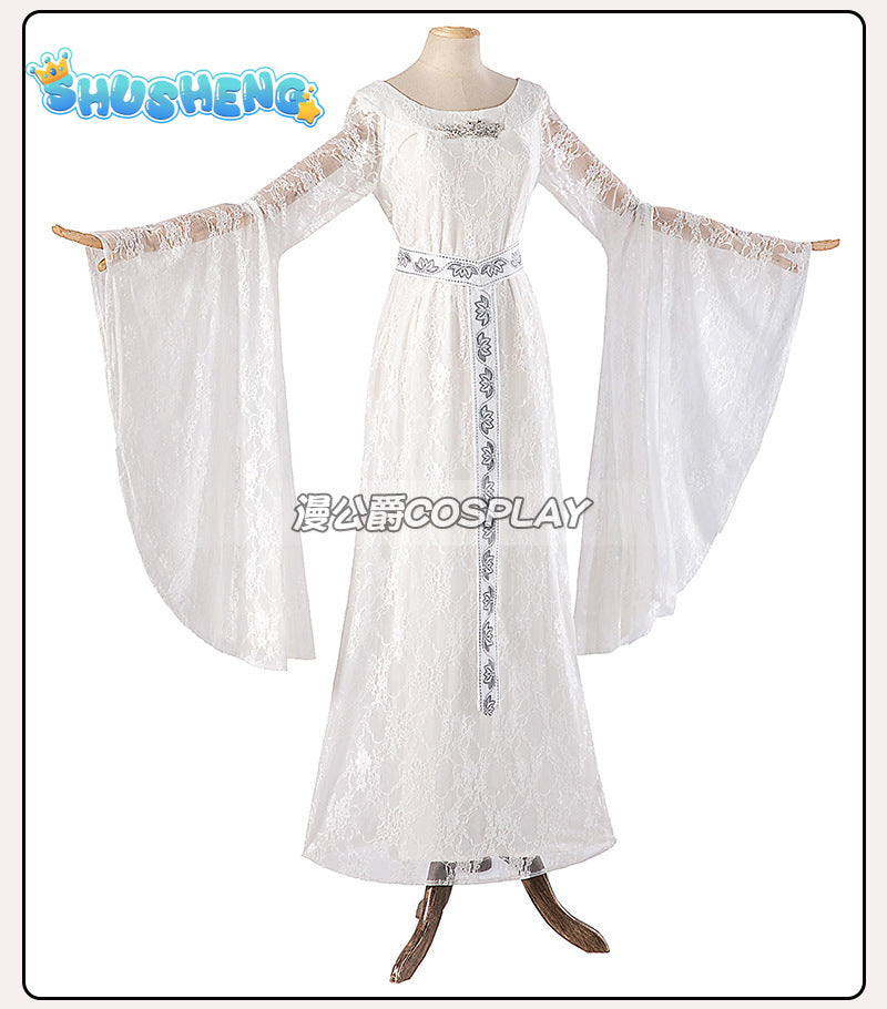 Movie Galadriel Cosplay Costume Women's White Dress Halloween Elf Cosplay Queen Outfit