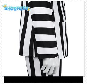 Beetlejuice Adam Cosplay Costume Men Black and White Striped Suit Jacket Shirt Pants Outfits Halloween Carnival