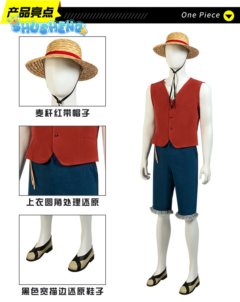 Luffy Cosplay Monkey D Luffy Costume Red Vest Shorts Hat Rope Anime Outfit Adults Men for Halloween Party Men Kids Cos Gifts