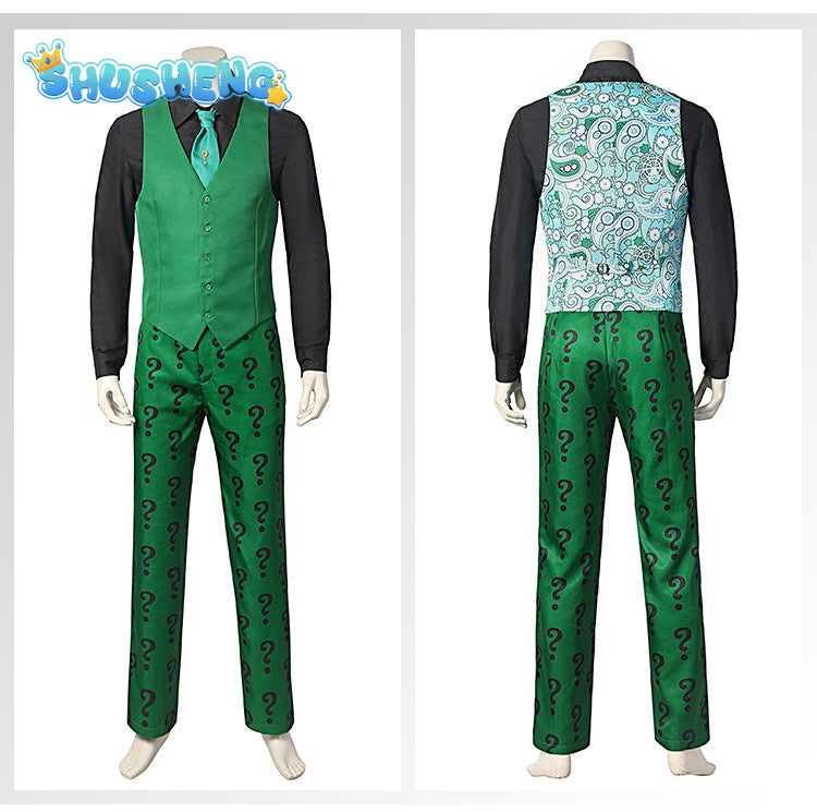 Men Riddler Cosplay Fantasy Movie Super Villain Costume Disguise Adult Boys Roleplay Fantasia Outfits Halloween Male Suits