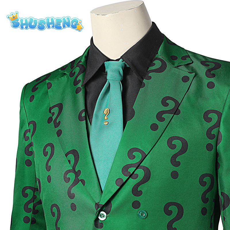 Men Riddler Cosplay Fantasy Movie Super Villain Costume Disguise Adult Boys Roleplay Fantasia Outfits Halloween Male Suits