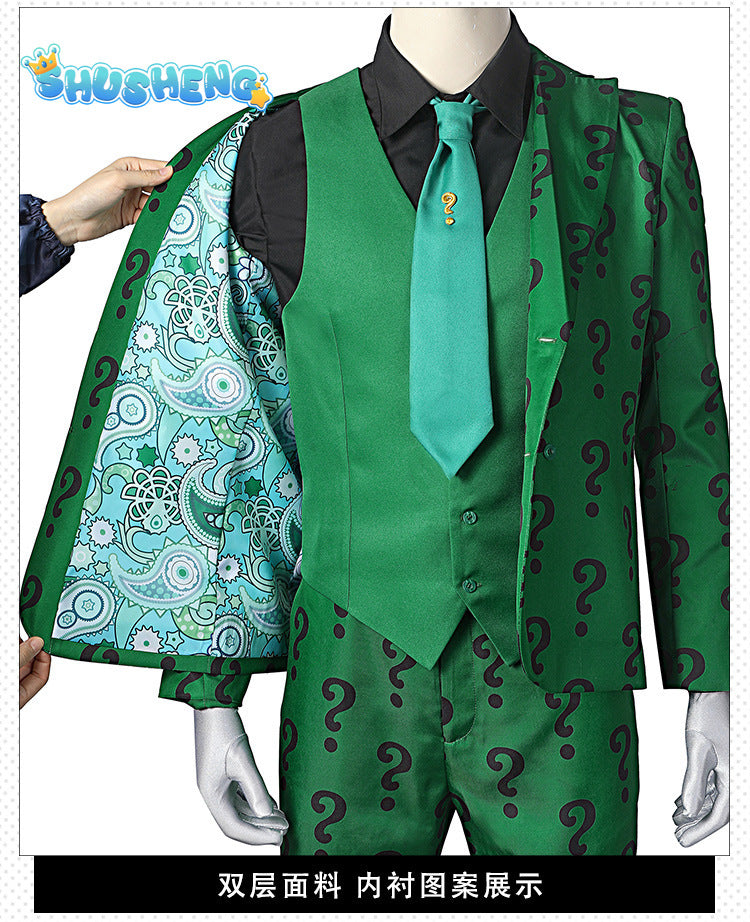 Men Riddler Cosplay Fantasy Movie Super Villain Costume Disguise Adult Boys Roleplay Fantasia Outfits Halloween Male Suits